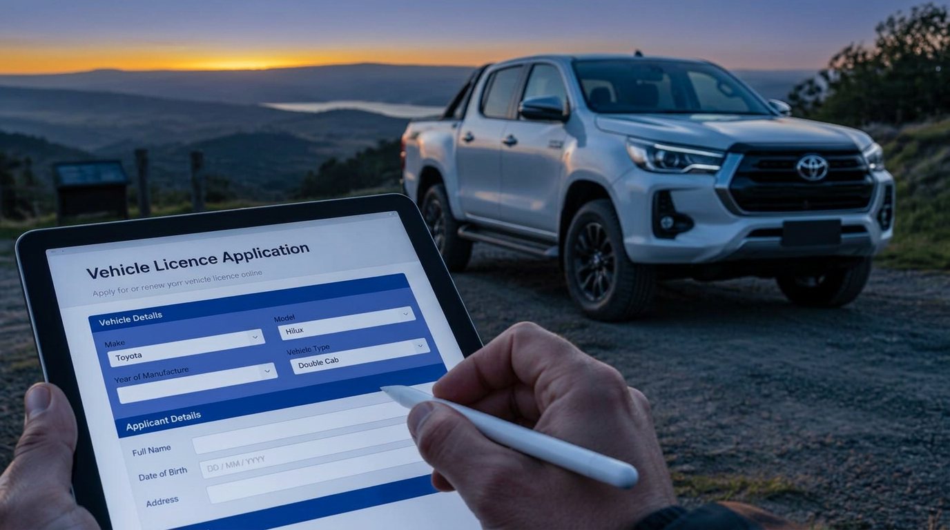 A hand filling in a vehicle licence form on a tablet beside a Toyota Hilux at sunset