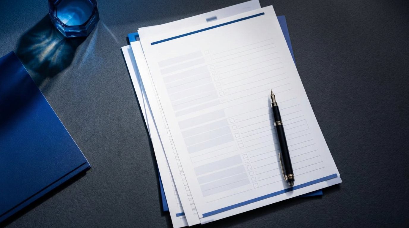 A catalogue of official forms arranged on a desk