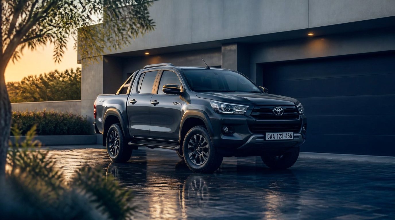 A dark grey Toyota Hilux double cab parked outside a modern home at sunset