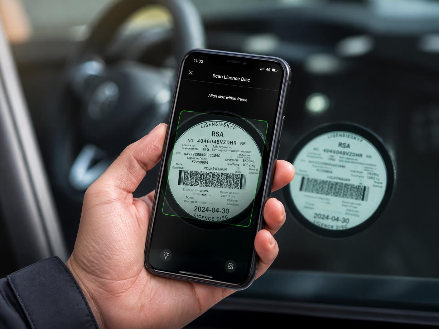 Phone scanning a South African licence disc