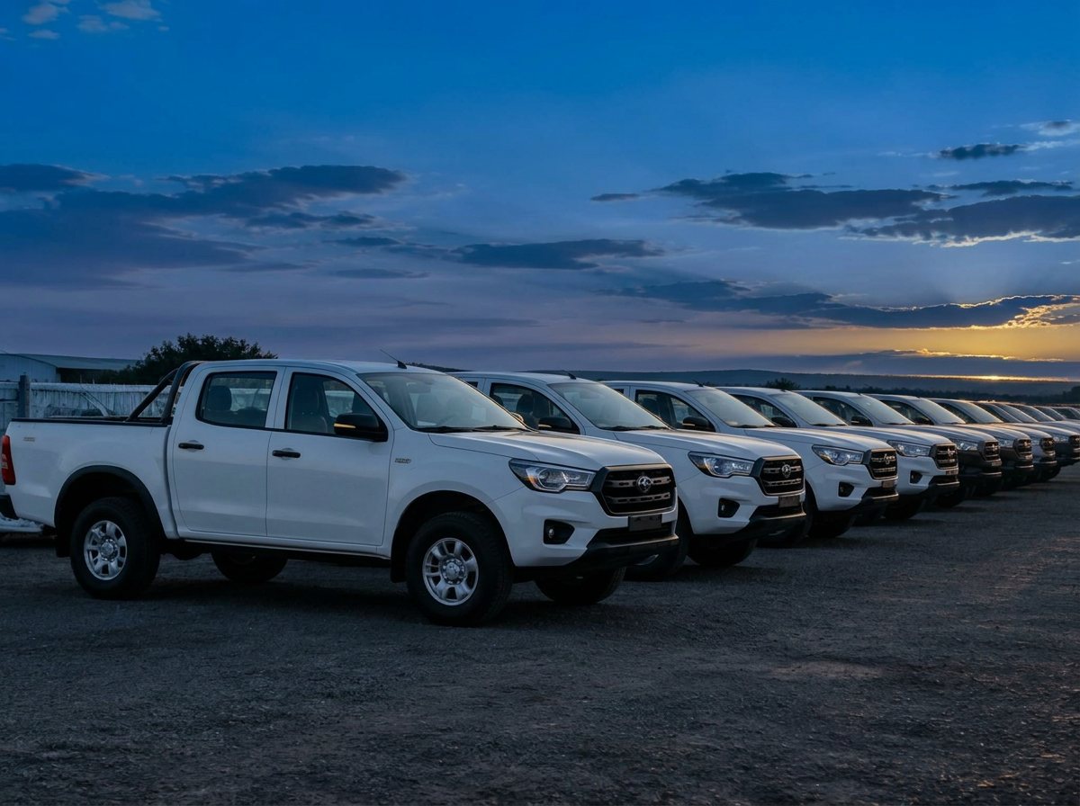 A row of white fleet bakkies at blue hour