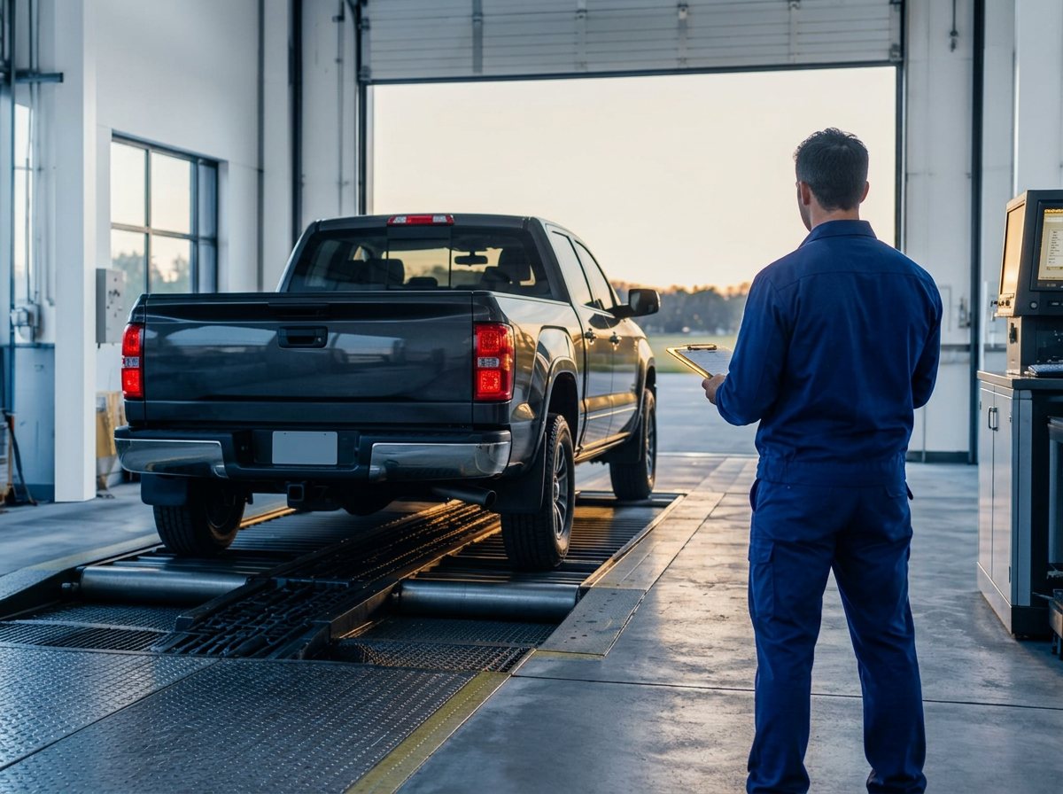 A bakkie being inspected on a roadworthy testing lane