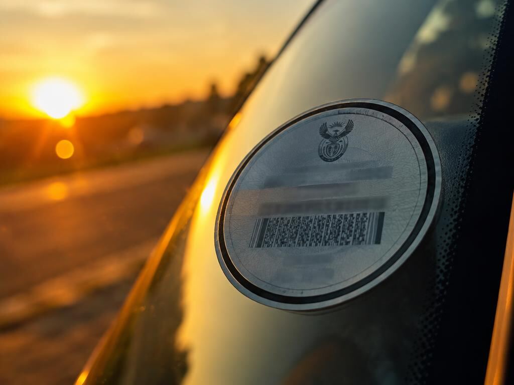 A vehicle licence disc on a windscreen at sunset