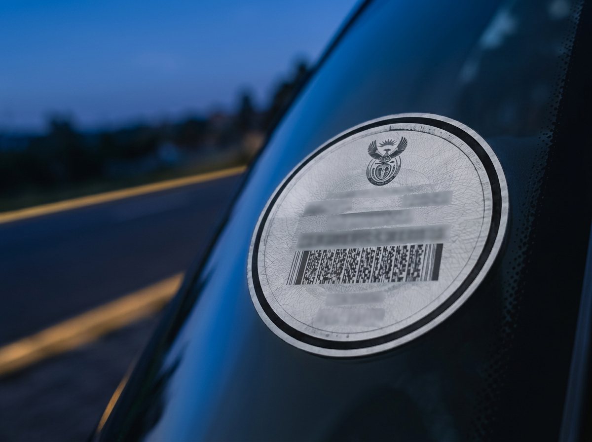 A South African licence disc on a windscreen at blue hour
