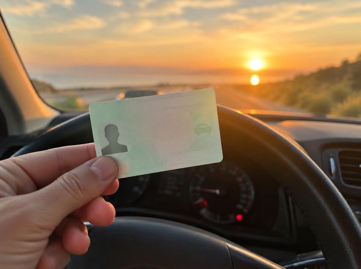 A driving licence card held up inside a car at sunset