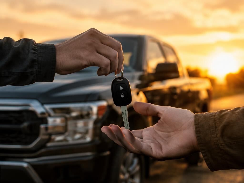 Car keys being handed over in front of a bakkie at sunset