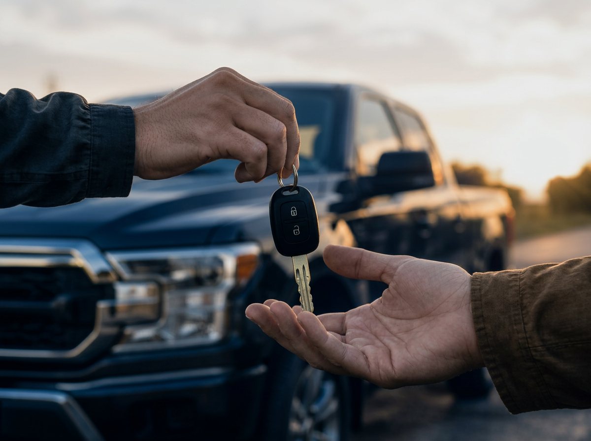 Car keys handed over in front of a bakkie