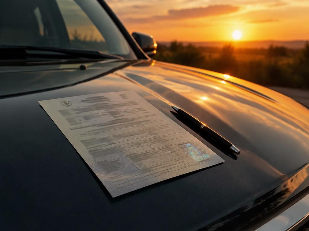 A registration certificate and pen on a car bonnet at sunset