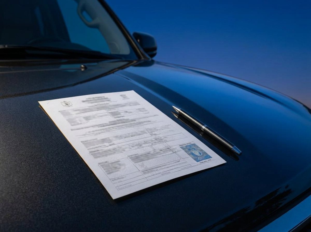 Registration papers on a dark car bonnet
